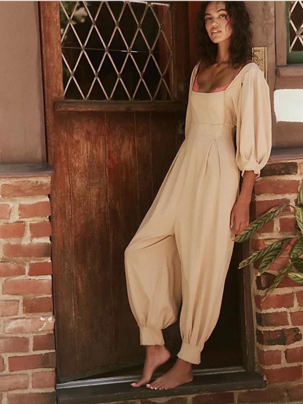 Free People Lotta Love Balloon Sleeve Jumpsuit Romper Beige M
